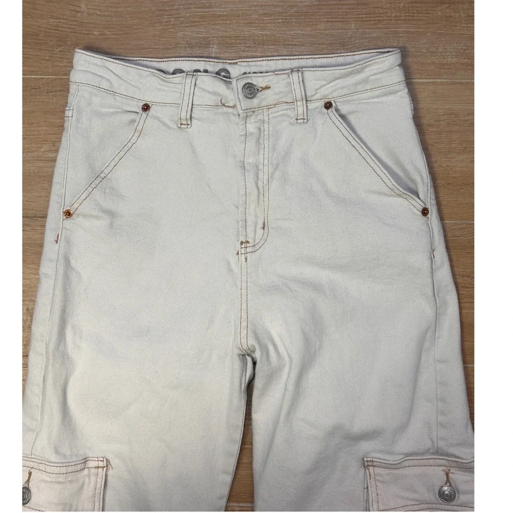 SONG Cargo Street Jean Off White Wide Leg Utility Pants Womens 9/29 Cream Denim‎